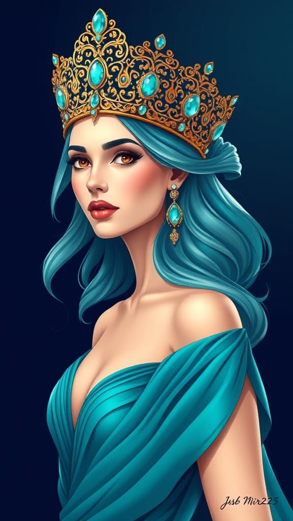 Regal Woman in Turquoise Crown: Art Nouveau Style