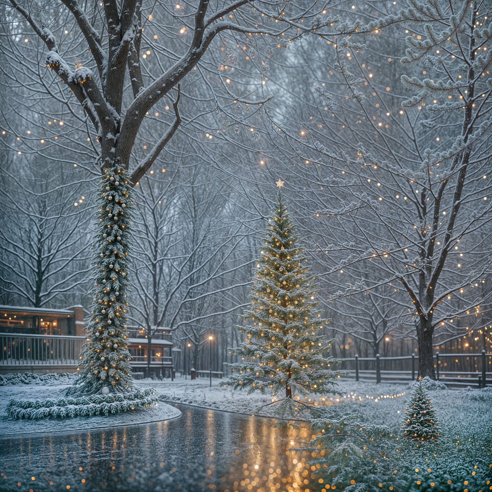 Christmas Tree Amidst Diamond Rain in Warm Glow