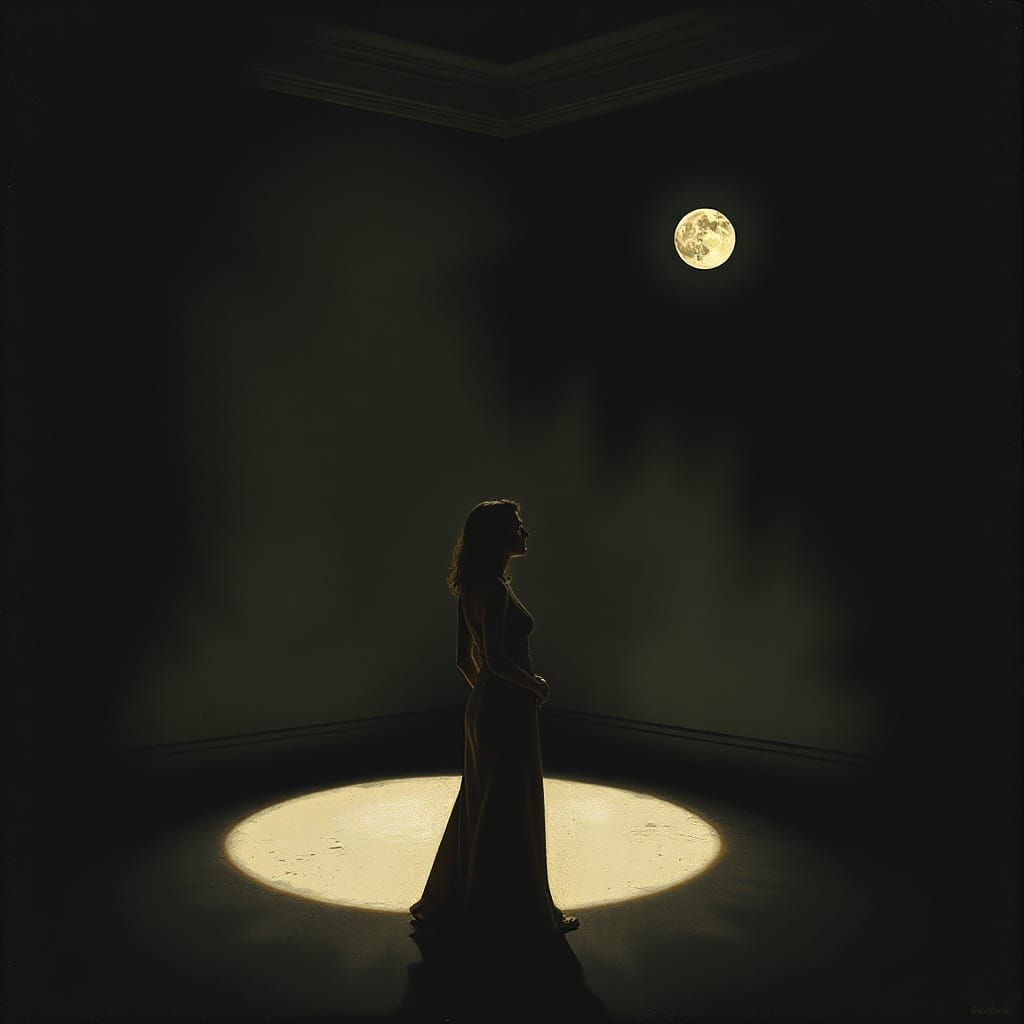 Solitary Woman in Cubist-Inspired Dimly Lit Room