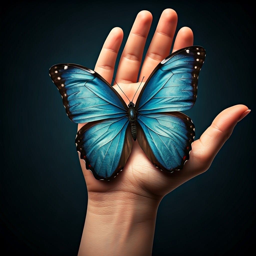 Bioluminescent Butterfly Engraved on Human Palm