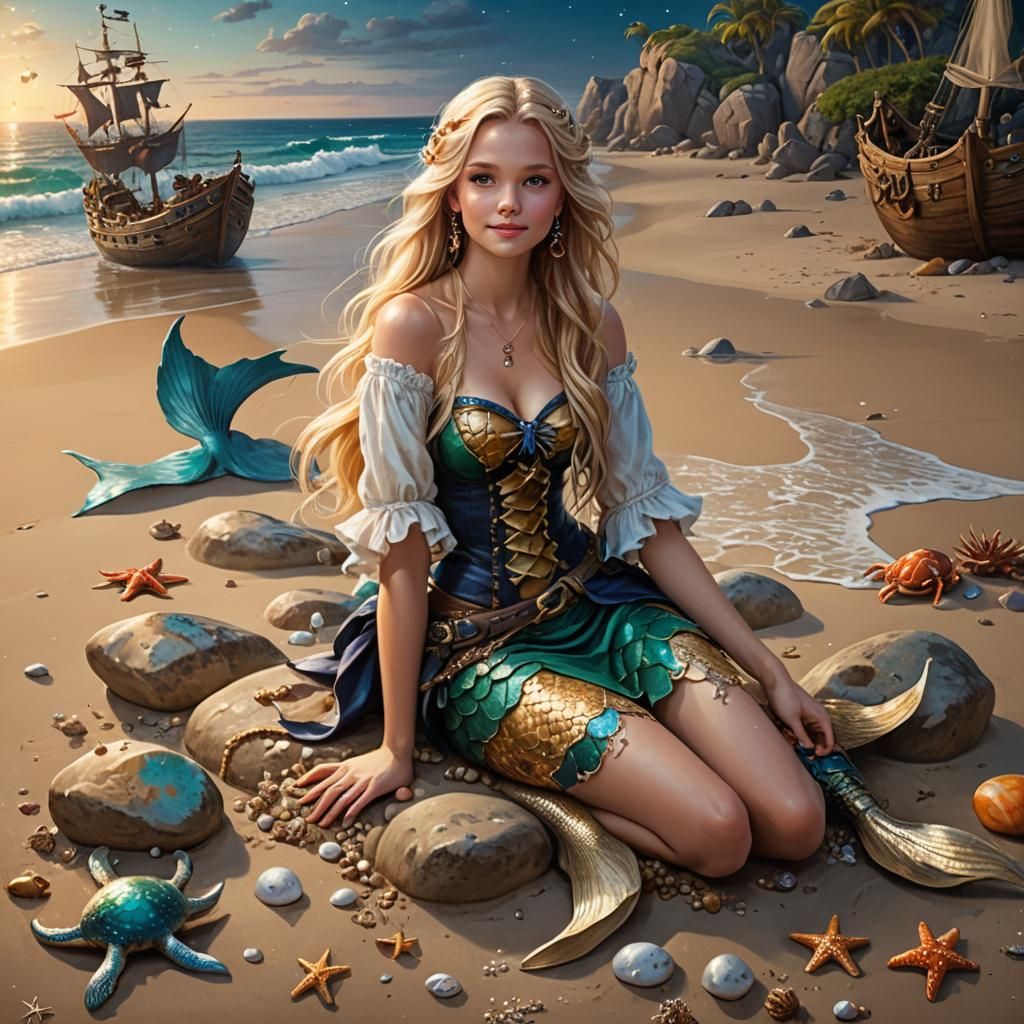 Hyperrealistic Mermaid on Starry Beach Rocks
