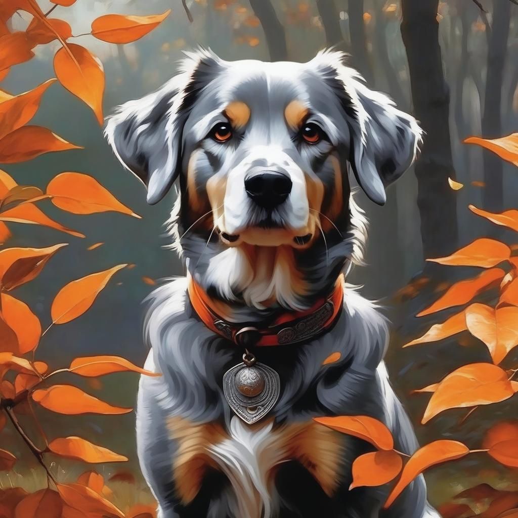 Dog in Autumn Leaves, Pre-Raphaelite Style