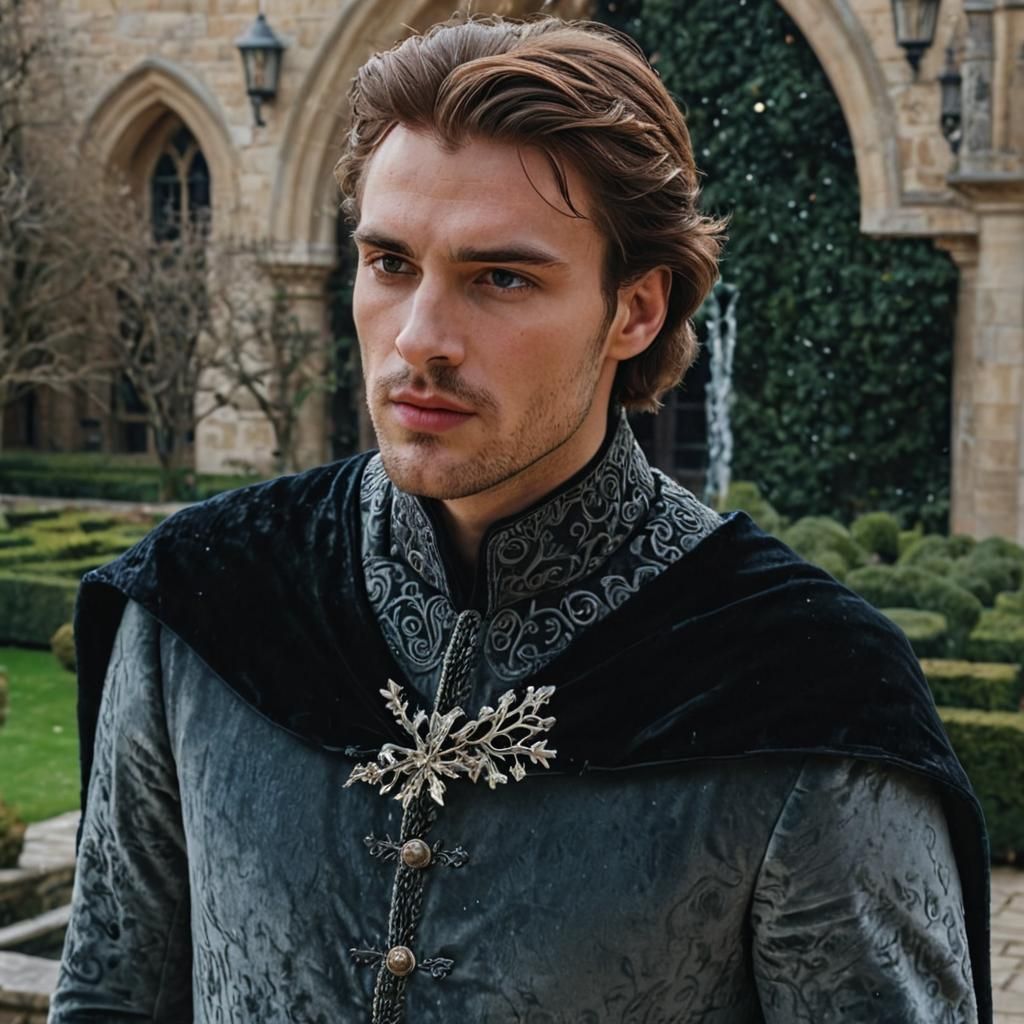 Young King in Exquisite Winter Castle Courtyard