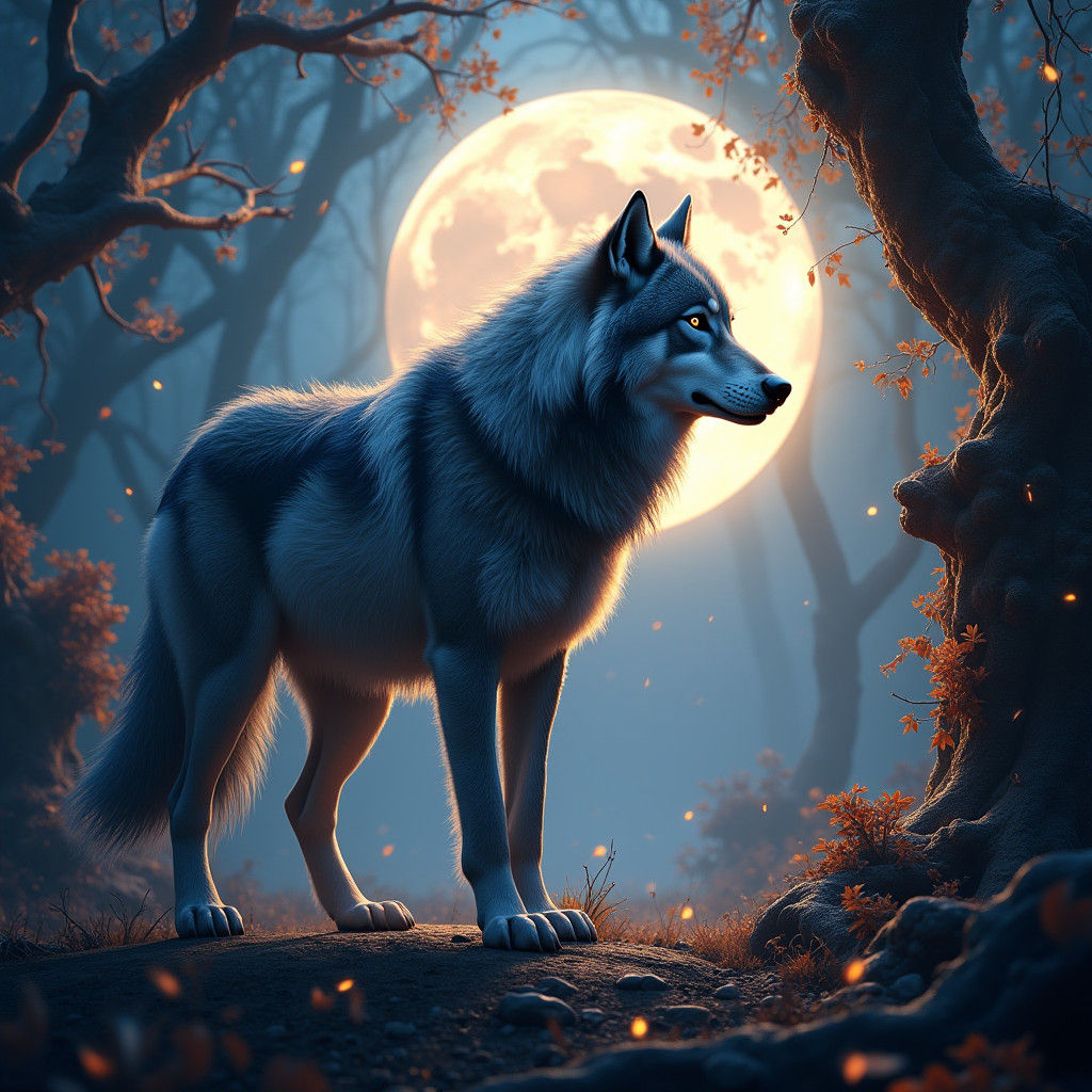 Majestic Wolf Under Moonlight in Mystical Forest