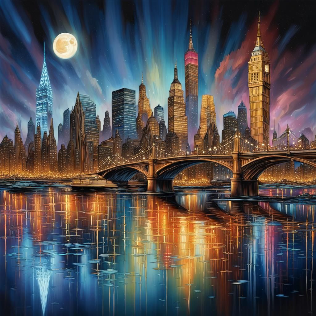 Detailed Cityscape at Night with World Landmarks