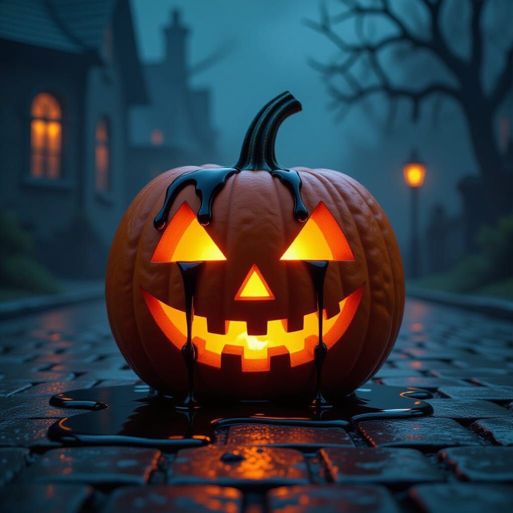 Eerie Jack-o'-Lantern Oozing Black Goo on Stormy Night