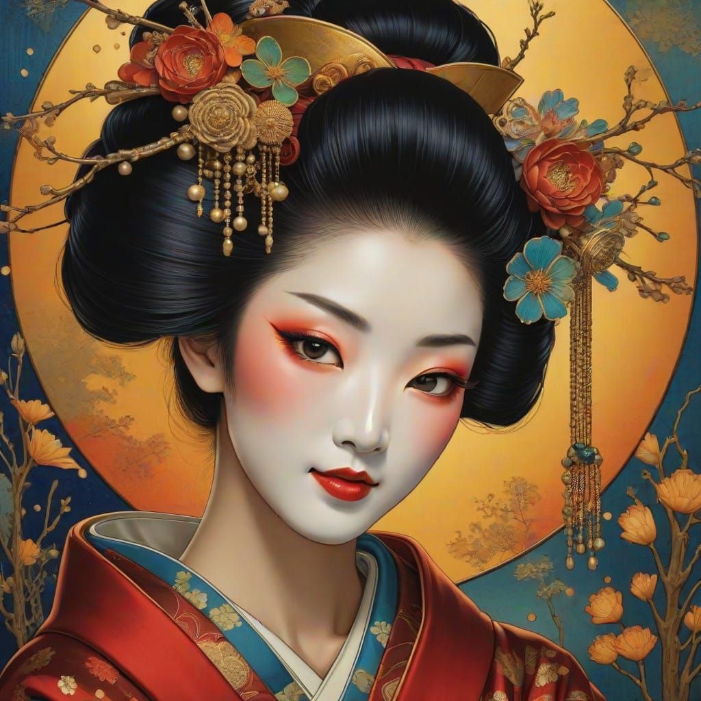 Serene Geisha in Ink-Washed Darkness