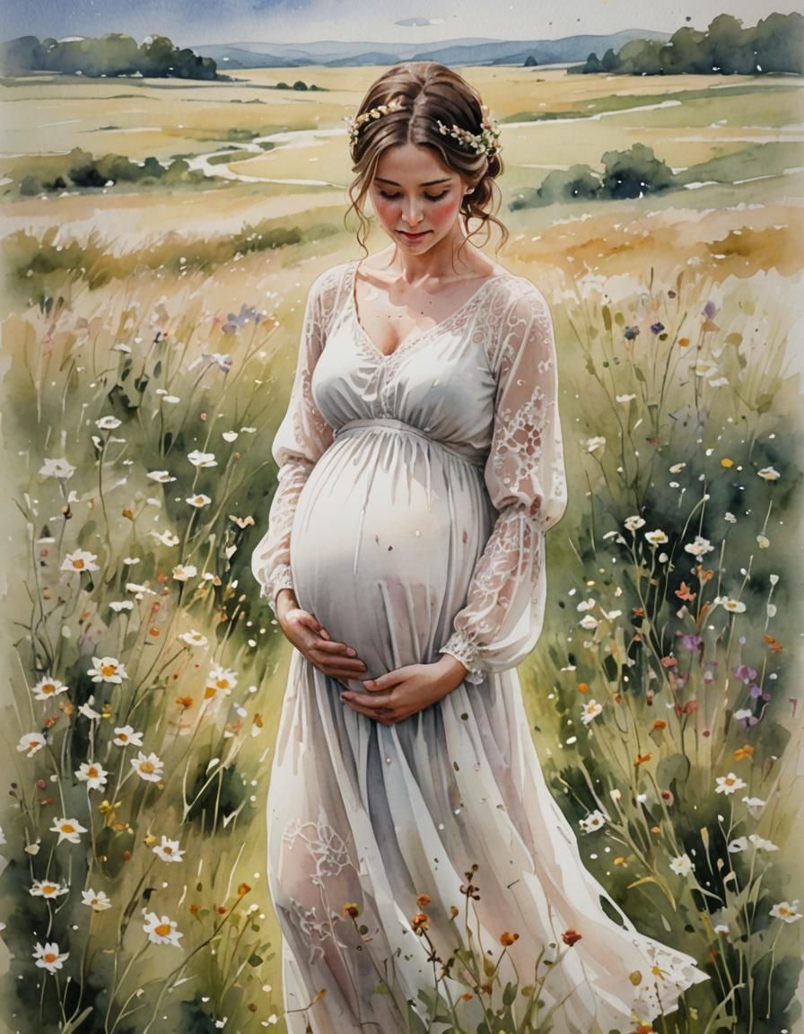Pregnant Woman in Wildflower Field: Watercolor Style