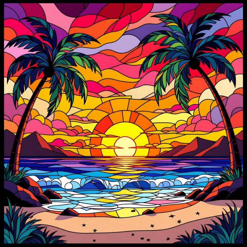 Tropical Beach Sunset in Stained Glass Style