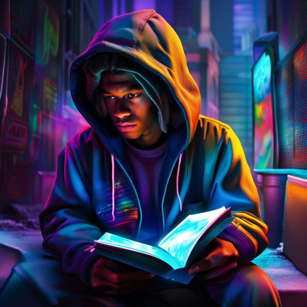 Teenager Reads Banned Book in Cyberpunk Alley