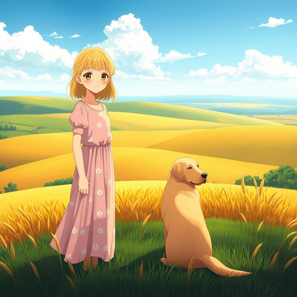 Girl and Labrador in Anime Style Field