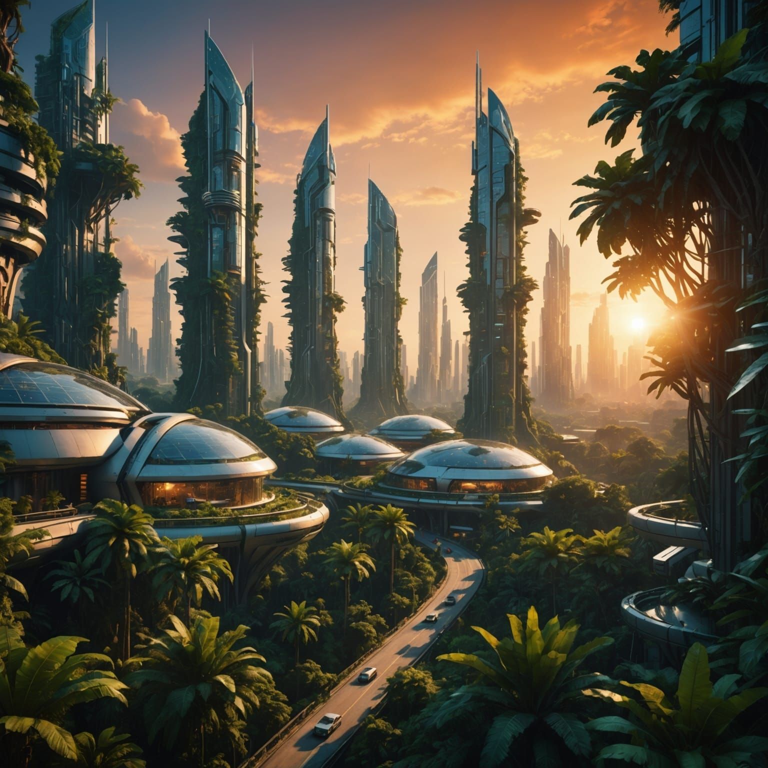 Futuristic Jungle City at Sunset