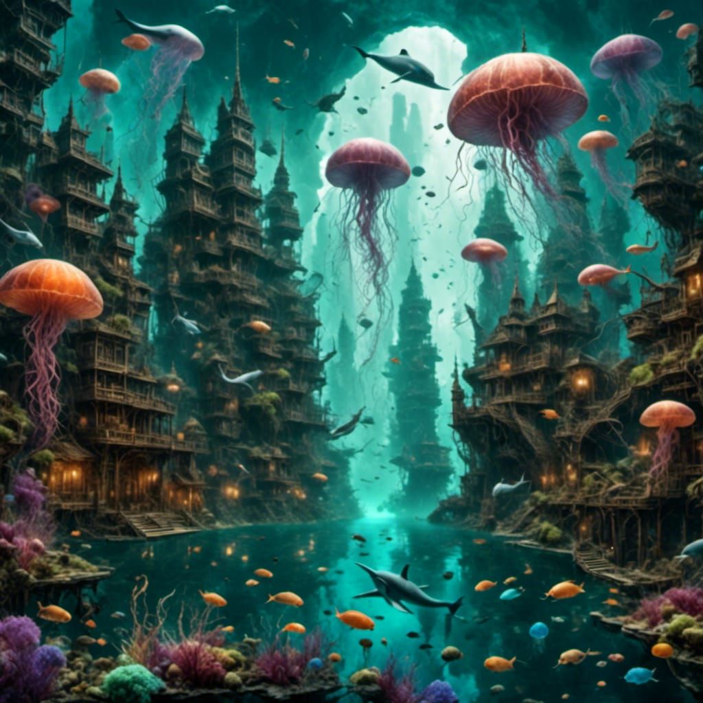 Aquatic Cityscape with Jellyfish and Narwhal
