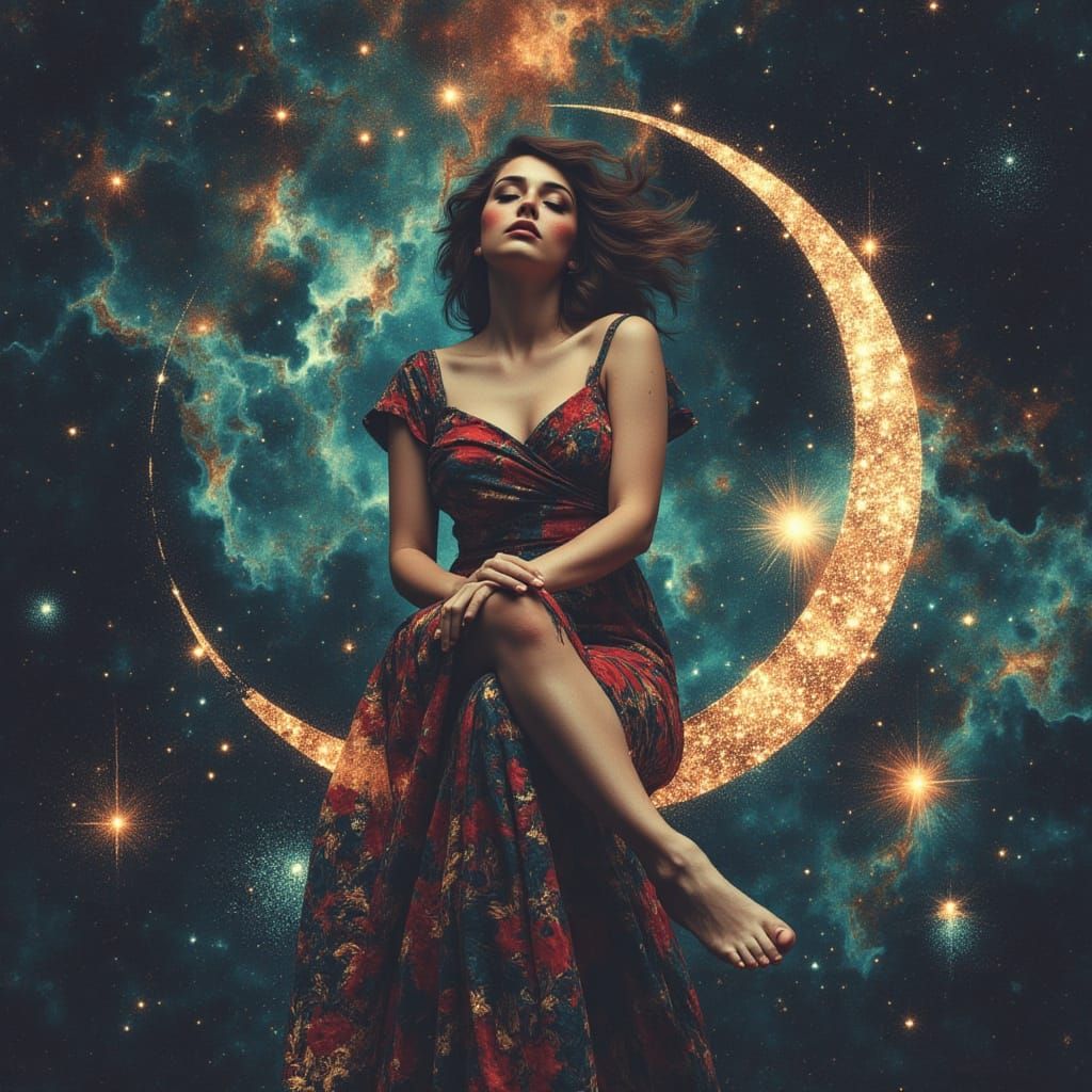 Cosmic Dream Weaver on a Crescent Moon