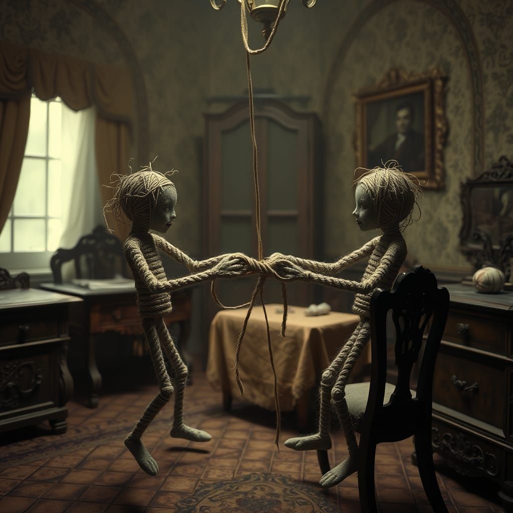 Dolls Engage in Eerie Tug-of-War in a Haunting, Vintage Sett...