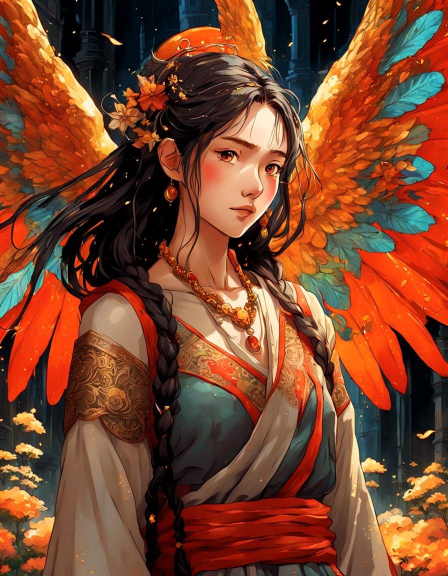 Fantasy Angel with Bioluminescent Flowers as Pointillism Art