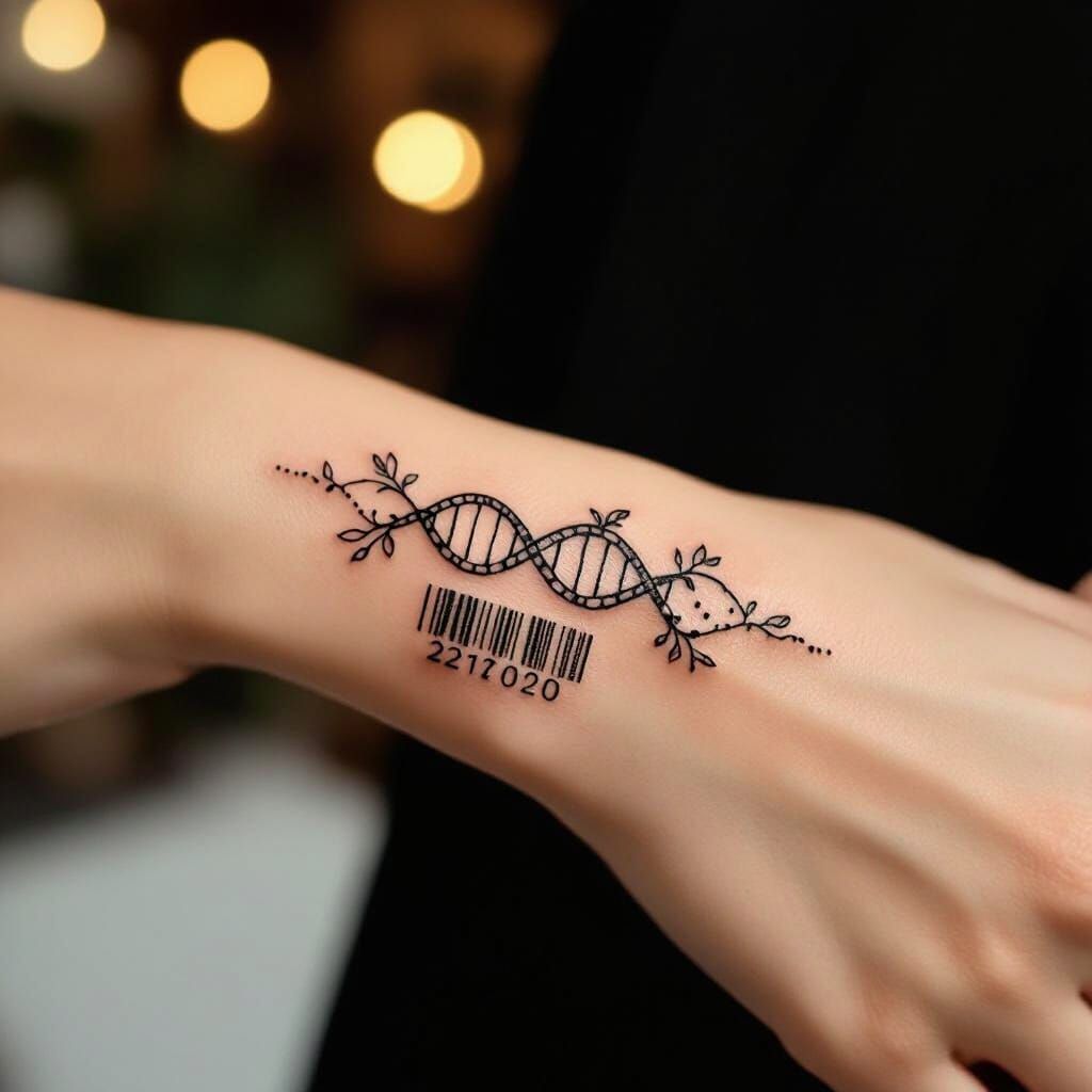 Feminine Wrist Tattoo with DNA and Barcode Design