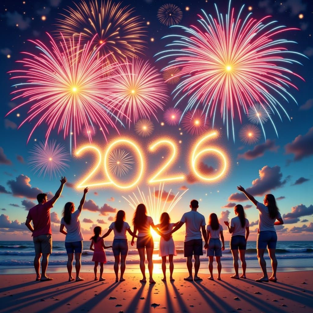 Caption "Happy 2026" Celebration of sobriety among friends with fireworks, coloured ink. <lora:Ink Poet:0.5><lora:Firewo...