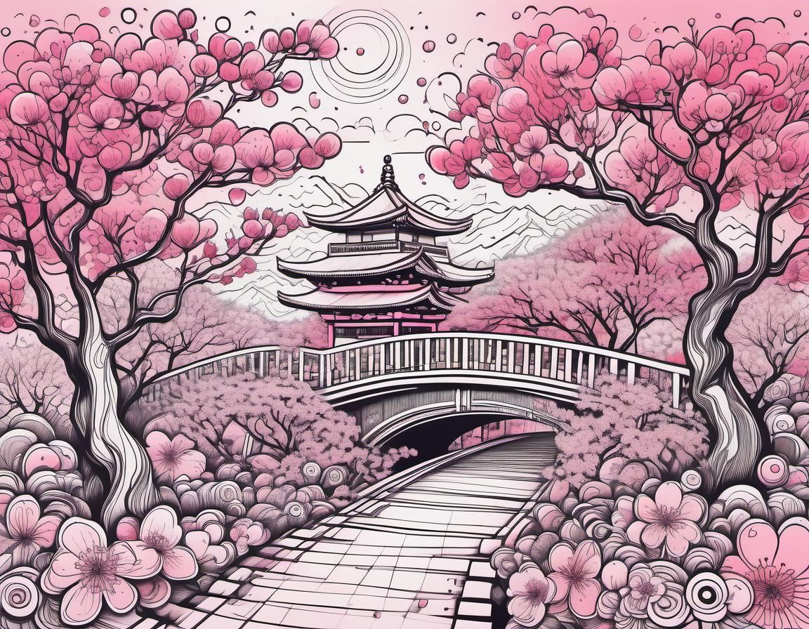 Whimsical Pink Cherry Blossom Doodle in Ink