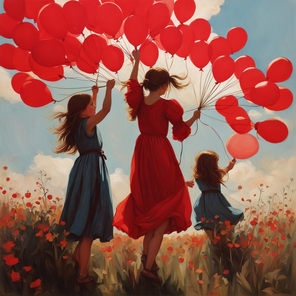 Sisters with Red Balloons in Waterhouse Anime Style
