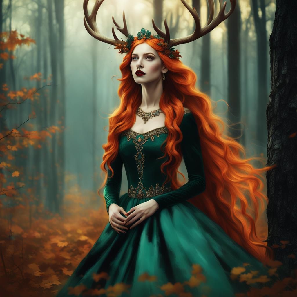 Woman with Antlers in Emerald Dress, Fantasy Art