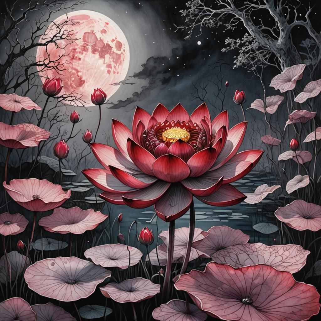 Glowing Ruby Lotus in Sinister Ink Wash Painting