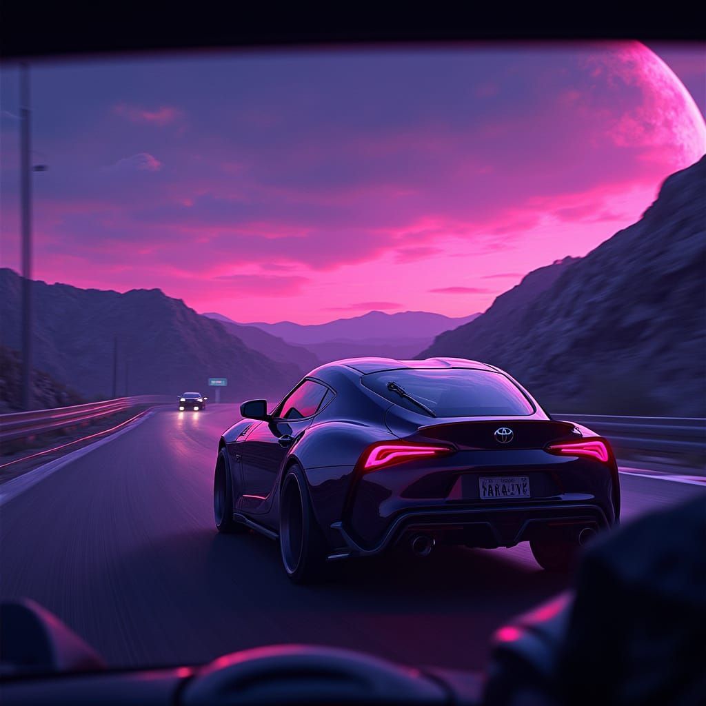 Neon-Lit Supra Speeds Down Winding Racetrack on a Futuristic...