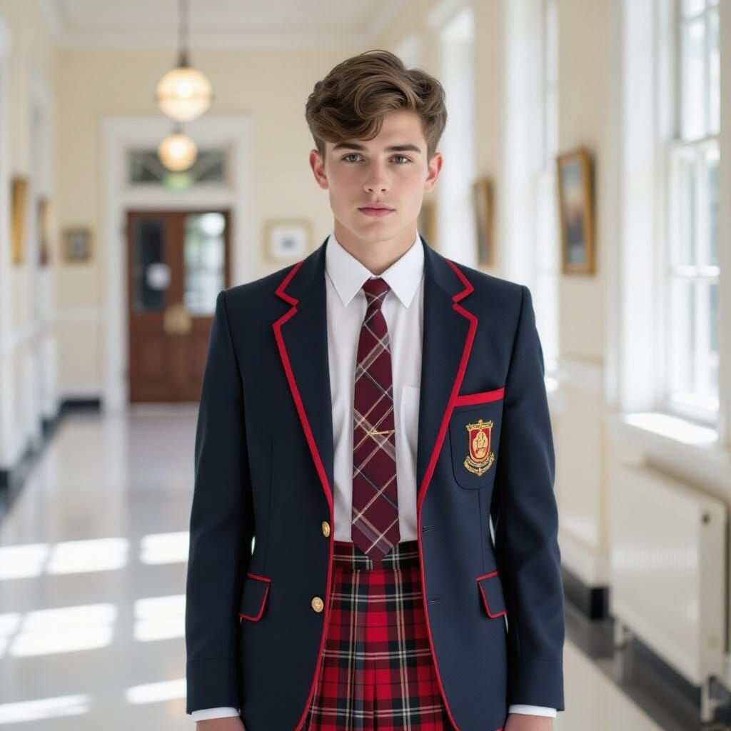 Teenager in School Uniform with Red Tartan Skirt