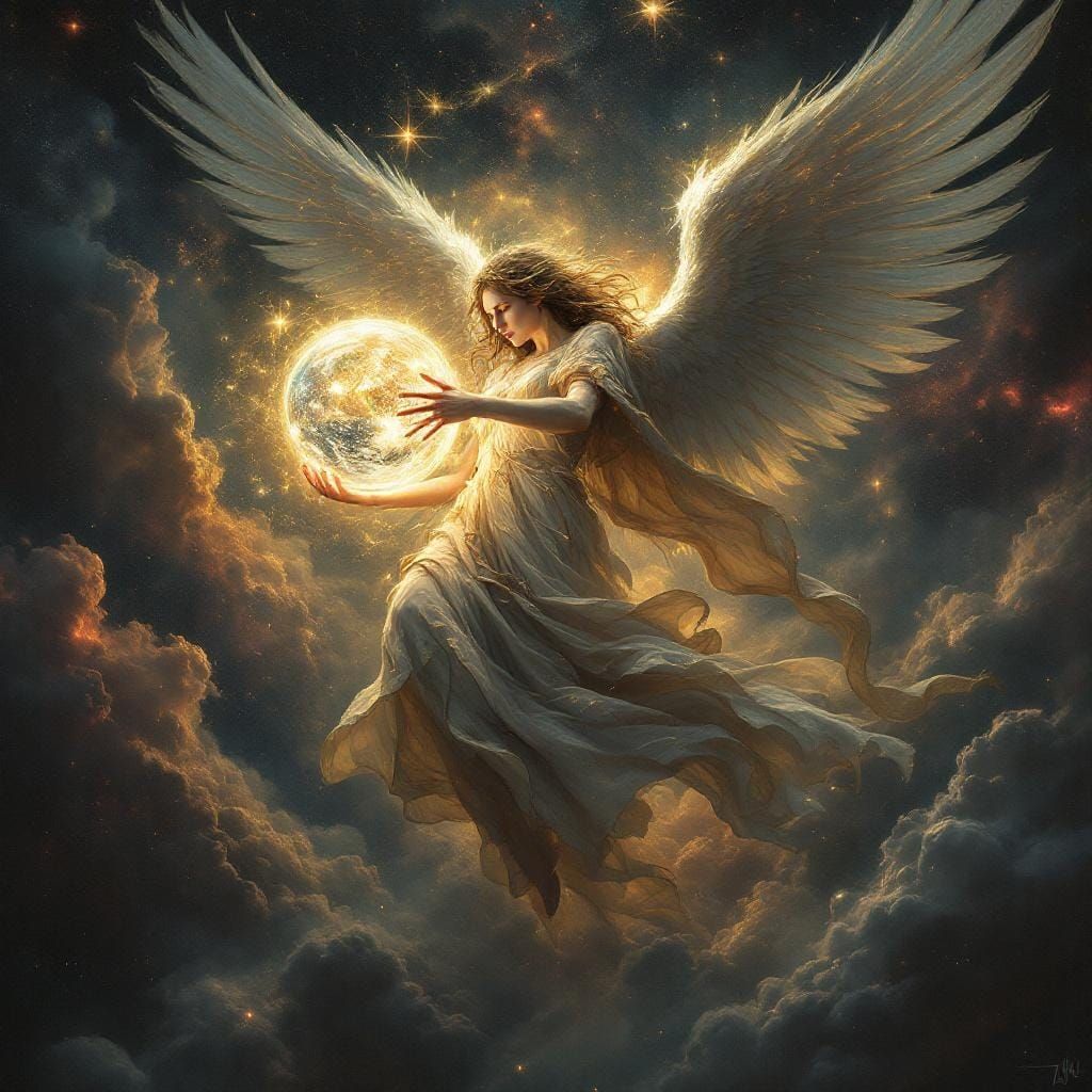 Fallen Angel's Cosmic Protection: Gothic Dystopian Art