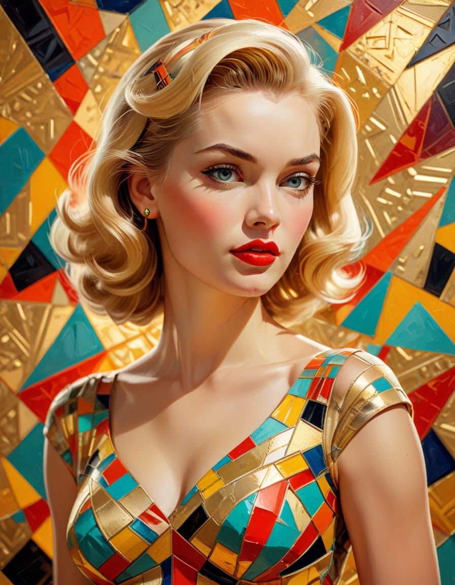 Cubist Pop Art Pin-Up with Golden Overlays