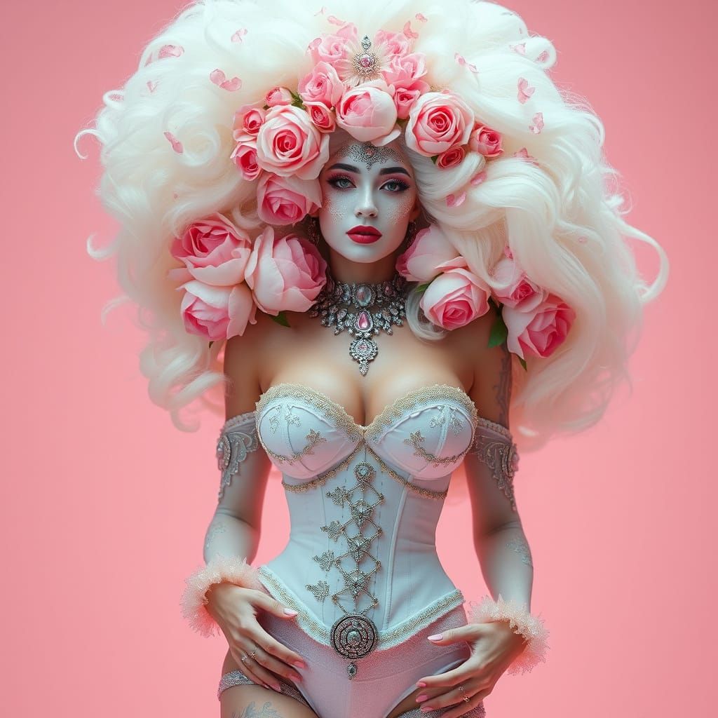 Rococo Woman with Roses and Powdered Wig