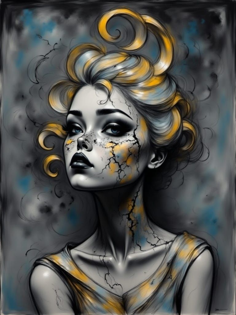 Woman's face with abstract, golden, cracked texture, resembl...