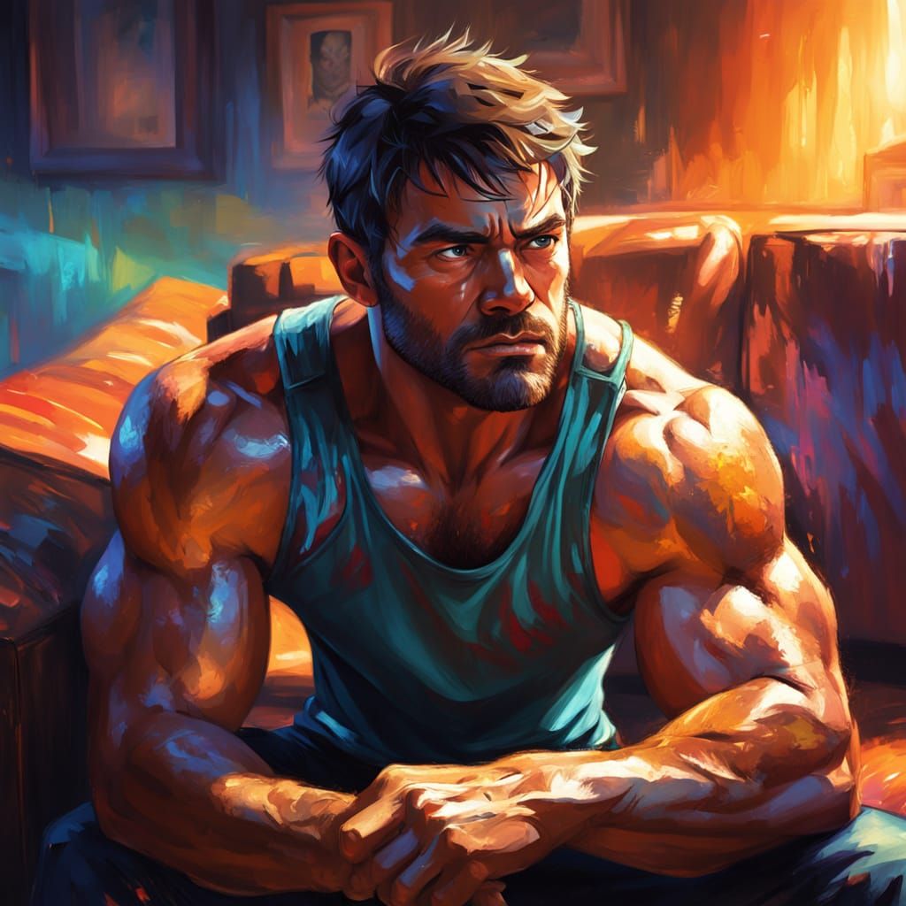 Bored Muscular Man on Couch in Vibrant Oil Painting