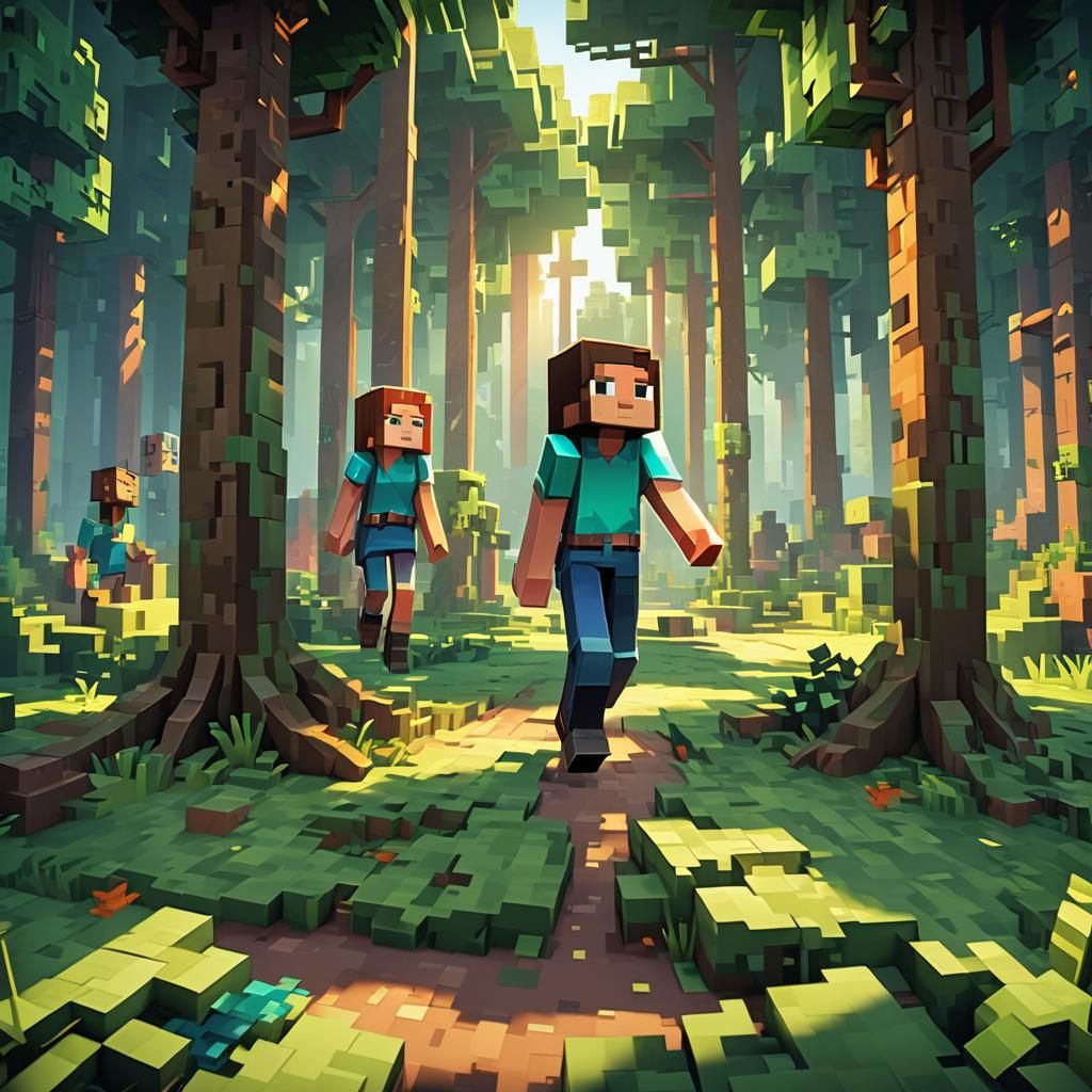 Minecraft's Alex and Steve Hide in Blocky Forest