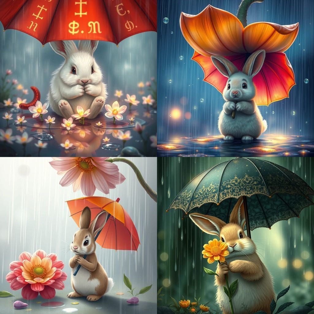 Adorable Bunny Finds Shelter Under Umbrella in Magical Rain