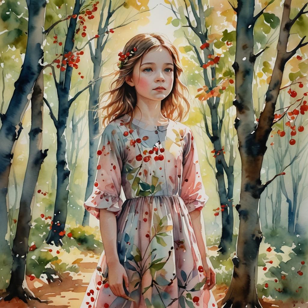 Girl in Cherry Forest with Ink Leaves: Watercolor