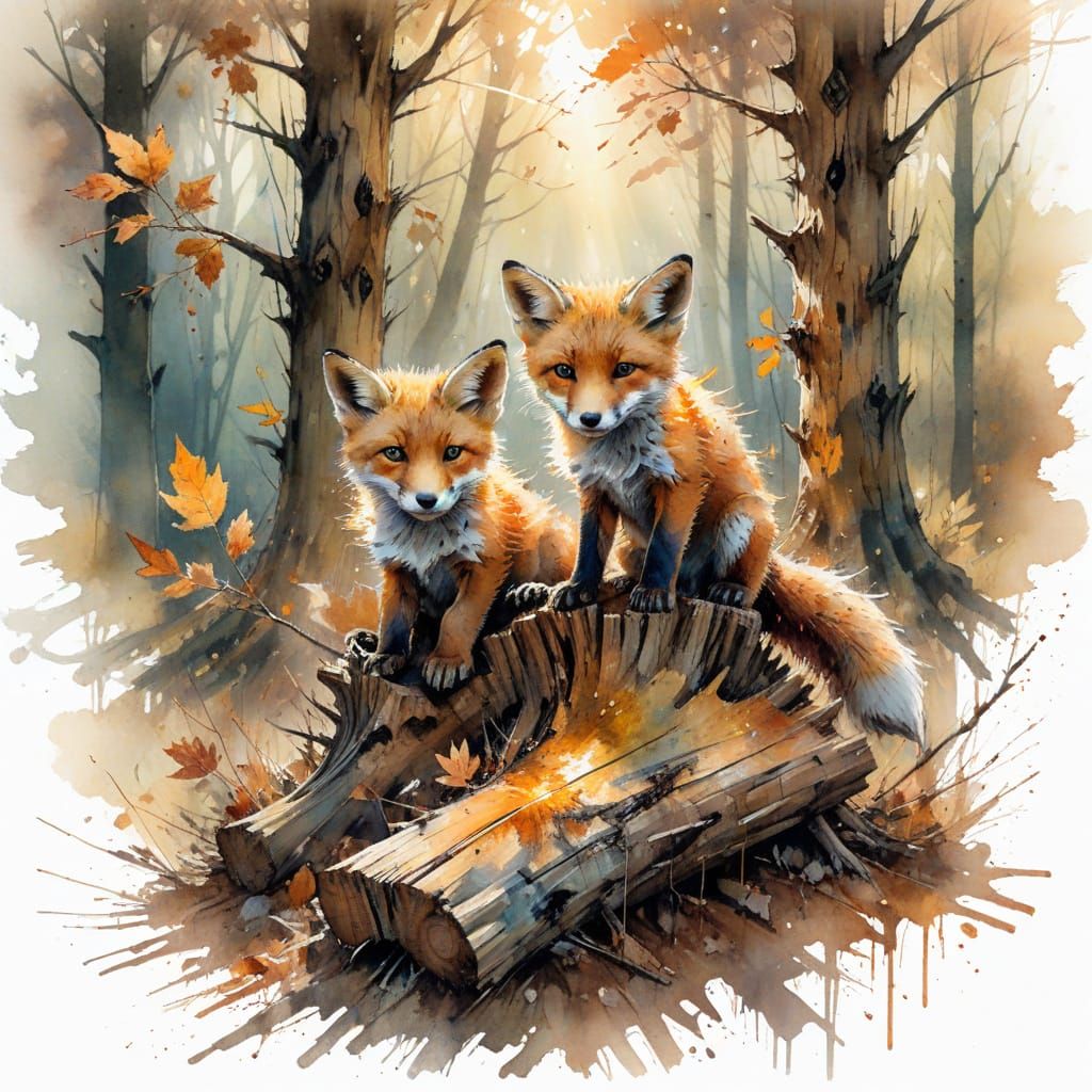 Fox Cubs Play on Autumn Log in Earth Tone Watercolor