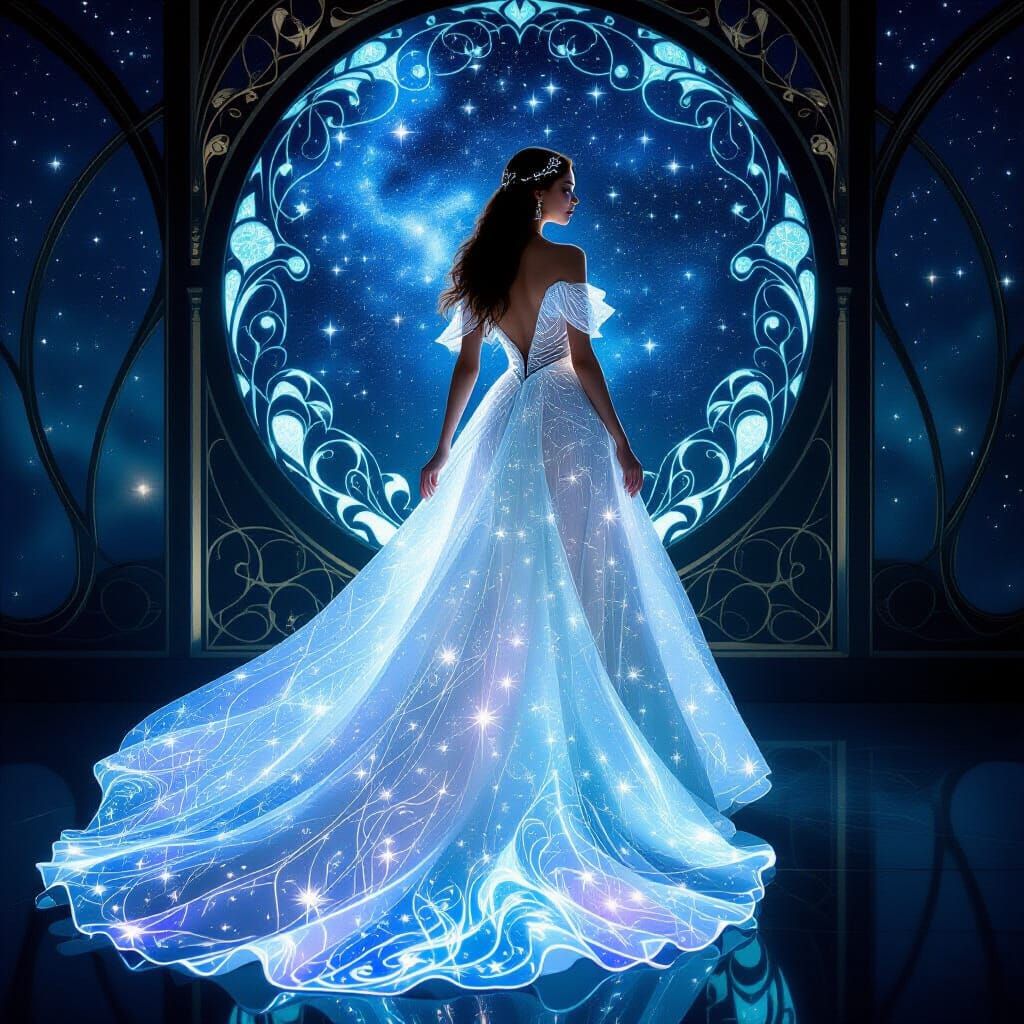 Bioluminescent Gown in Art Nouveau Style