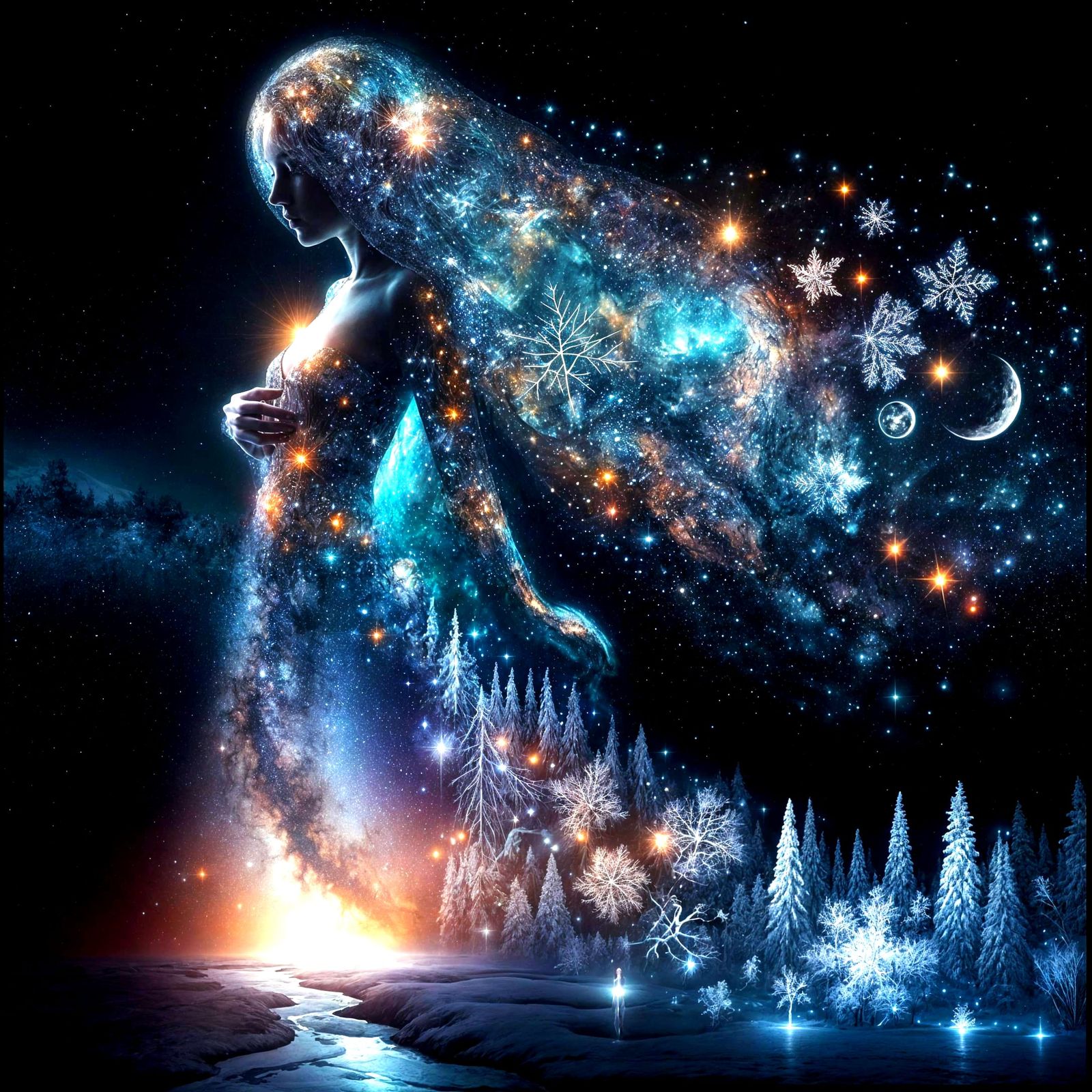 Celestial Woman Embodies Seasons in Starry Night Portrait