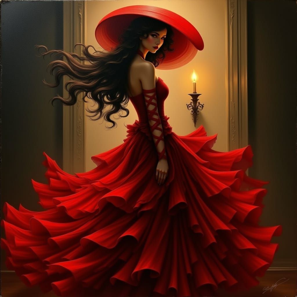 Mysterious Woman in Red Dress: Dramatic Oil Painting Style