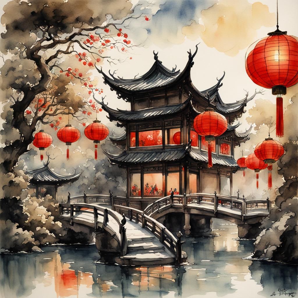Chinese Pavilion with Lanterns: Watercolor Painting
