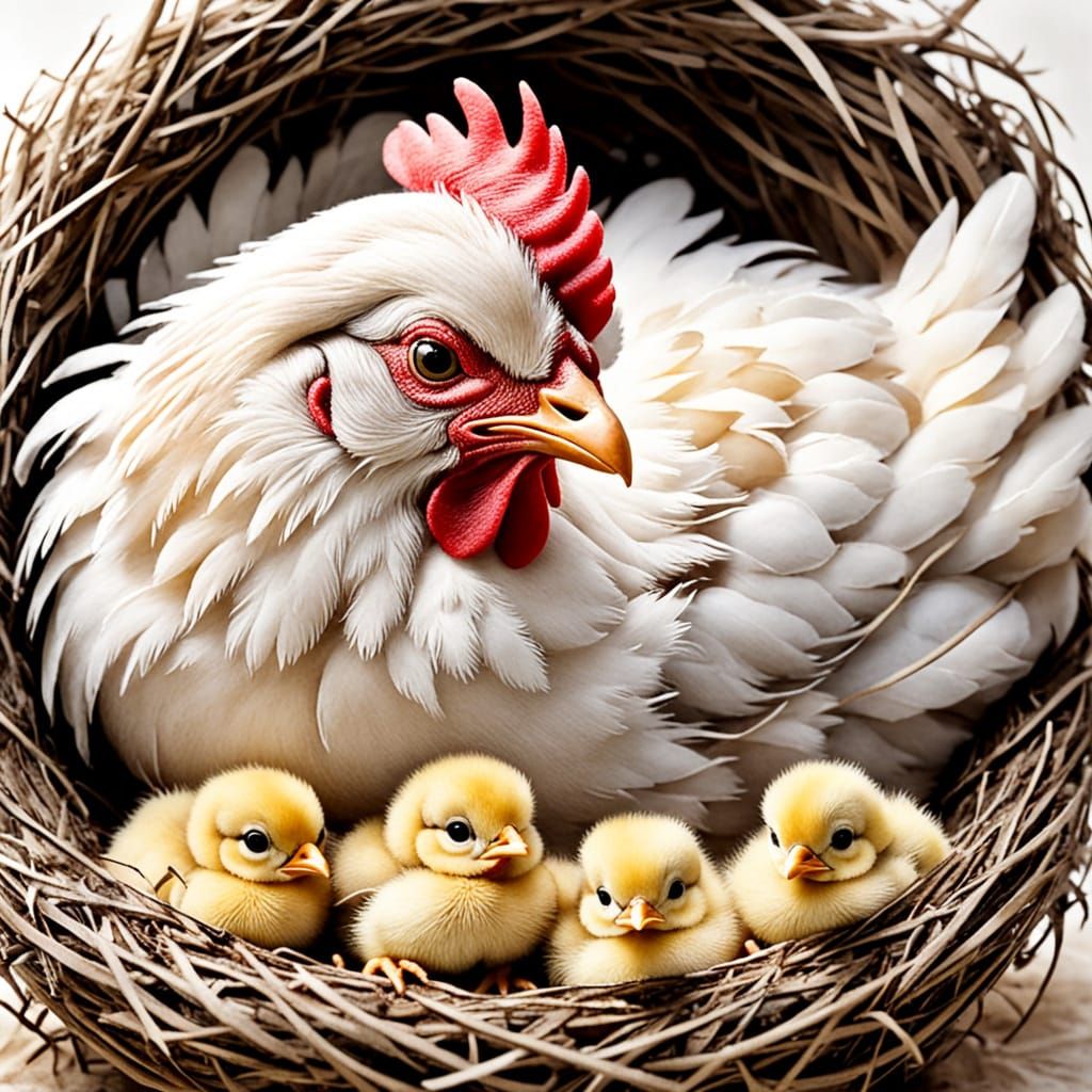 Fluffy Chicken Sleeps with Chicks in Pastel Whimsical Nest