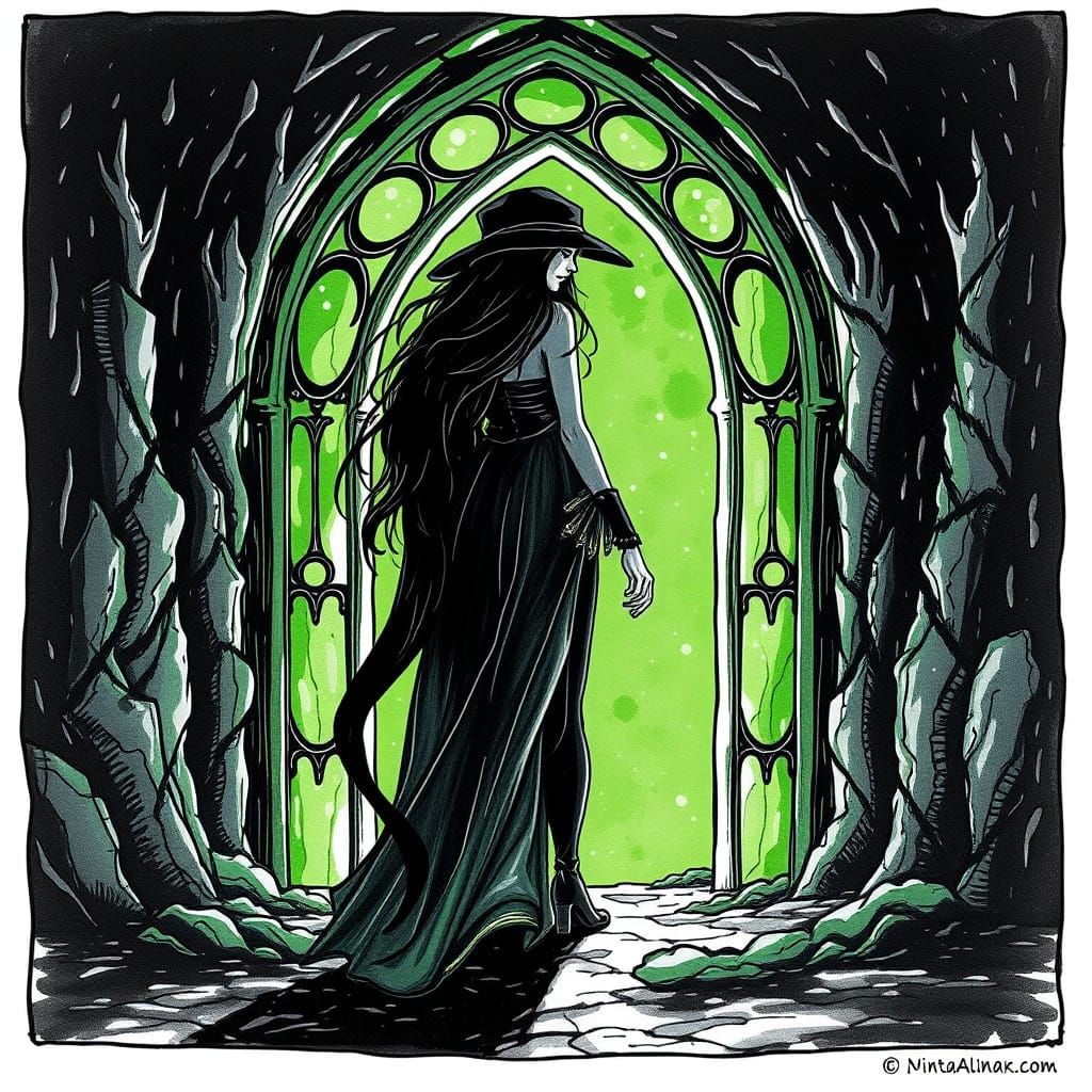Gothic Woman Steps into Mystical Portal in Black and White L...