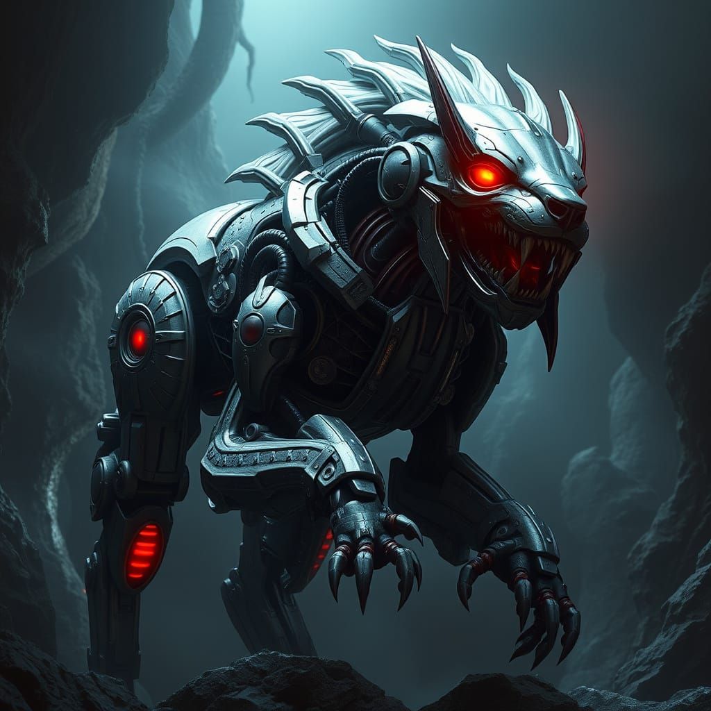Robotic Cerberus Guarding Underworld in Futuristic Style