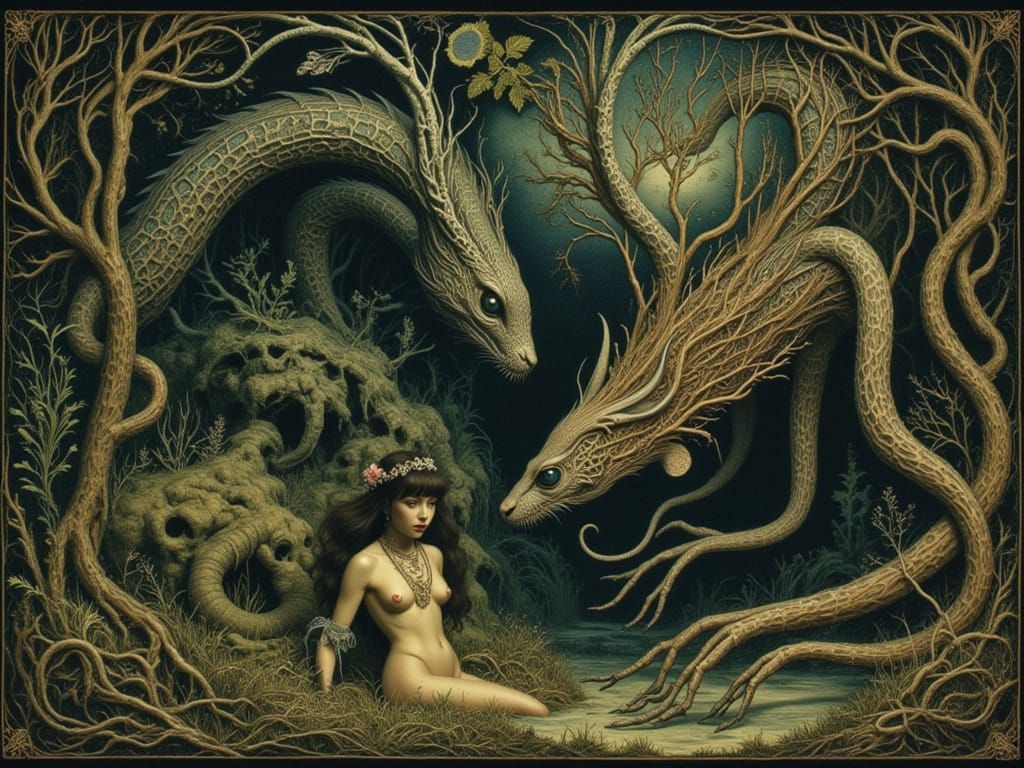 Snallygaster and Jabberwocky in Mystical Forest