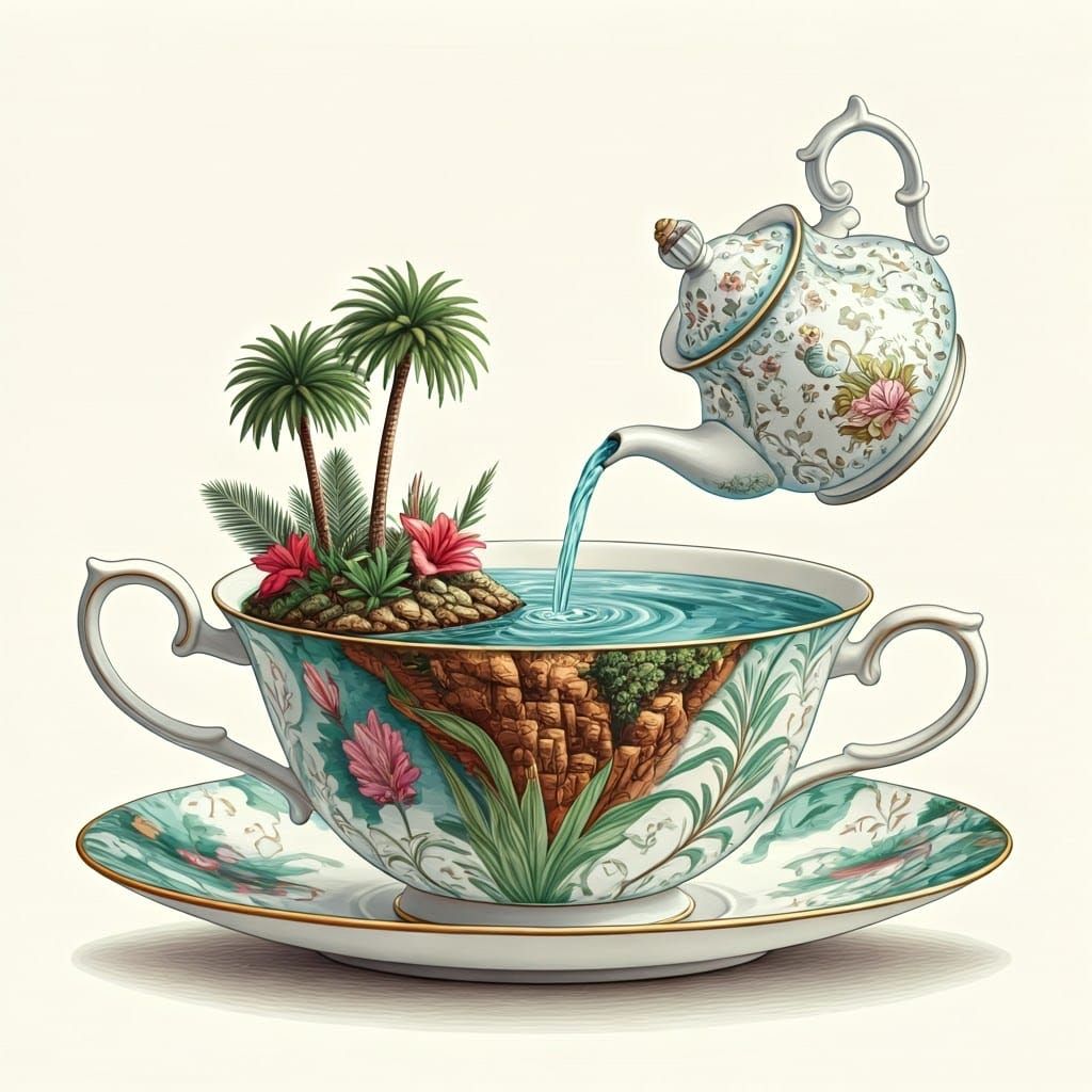 Oasis Teacup Waterfall in Watercolor Style