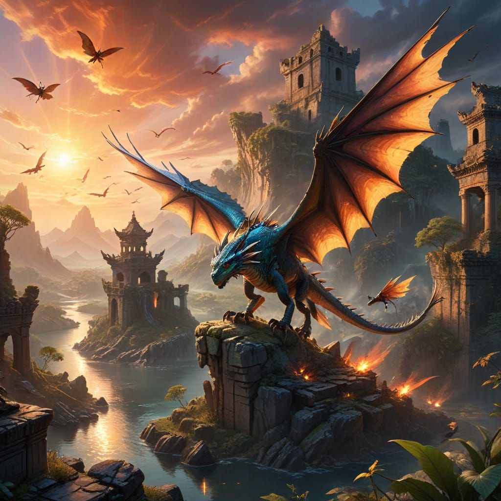 Majestic Dragon Soars Over Fantasy Landscape at Sunset