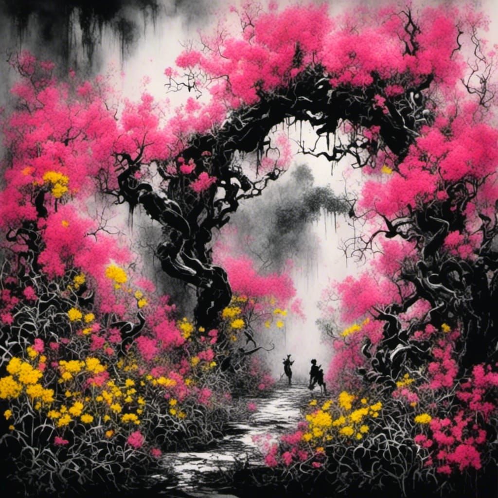 Fantasy Flora in Graffiti Style with Chinese Ink Elements
