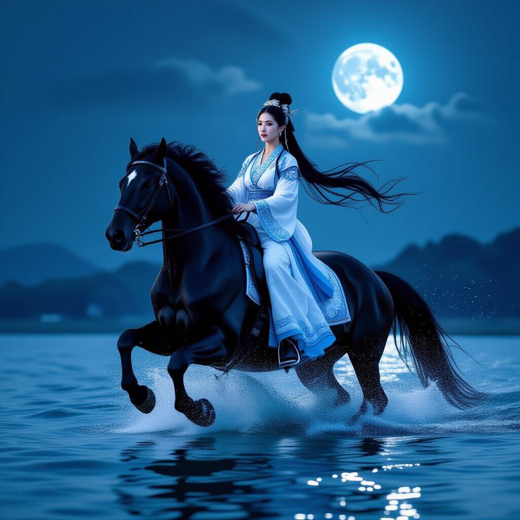 Water Spirit on Stallion in Moonlight, Hanfu Style