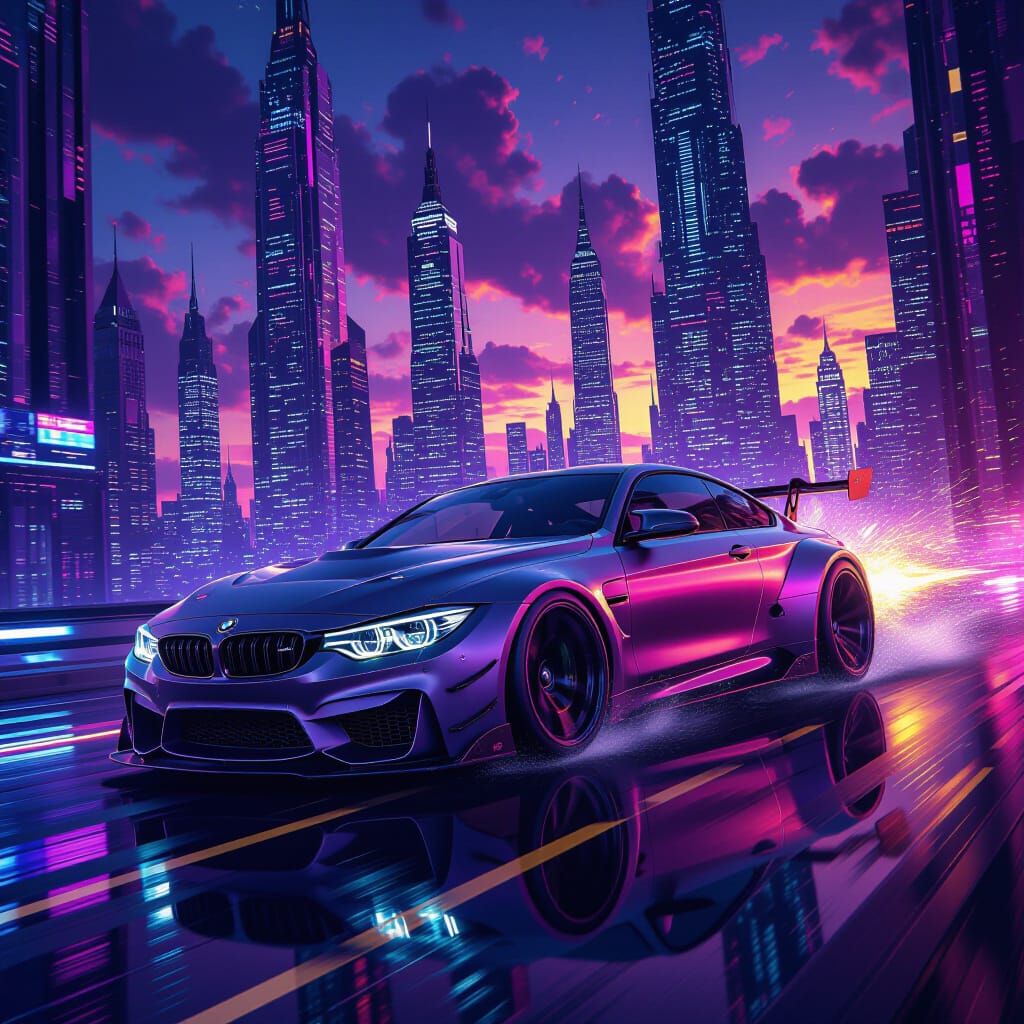 Futuristic BMW Speeds Through Cyberpunk Cityscape